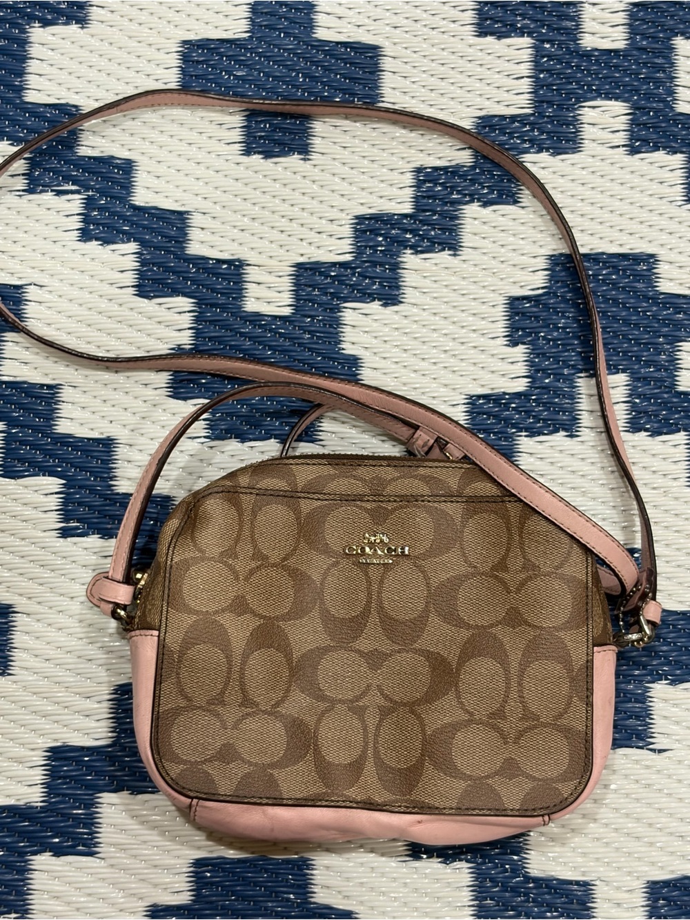 Coach Mini Camera Signature Canvas Pink Leather Cross Body Bag